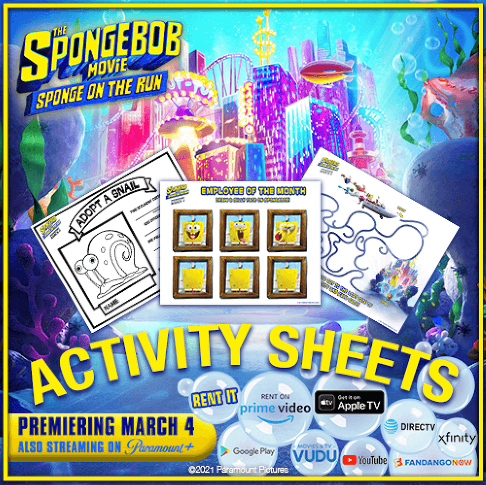 Celebrate the release of The Spongebob Movie Sponge on the Run with these fun activity sheets