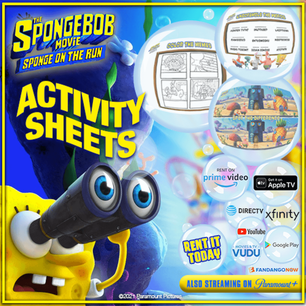 Sponge on the Run activity sheets features connect the dots and spot the difference