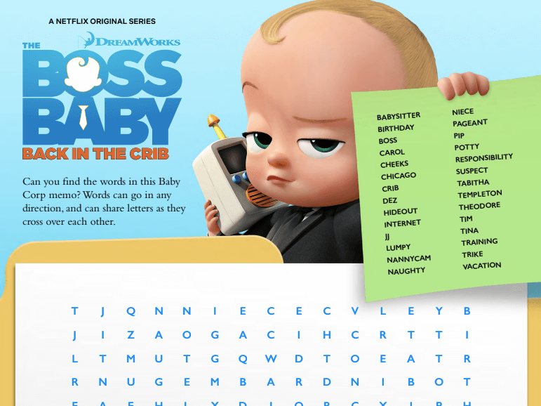 The Boss Baby: Back in the Crib | Word Search Activity Sheet